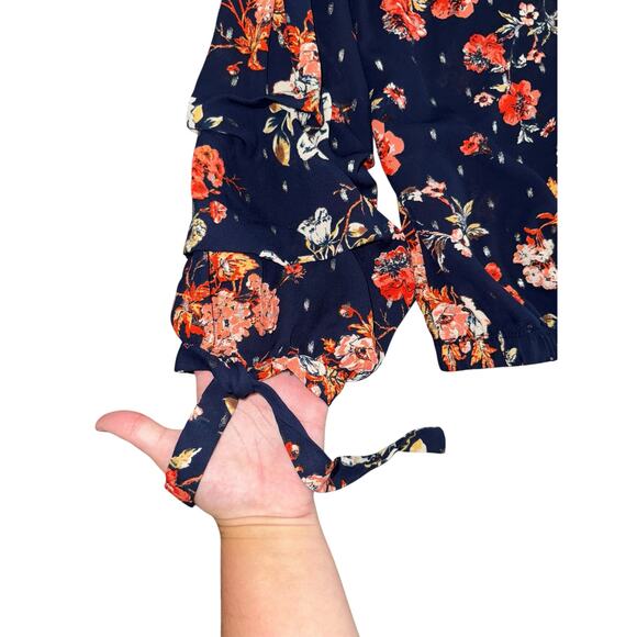 Moa Moa Women’s Floral Blouse Navy Blue Red Long Sleeve Tie Cuffs Size Medium - Picture 5 of 8